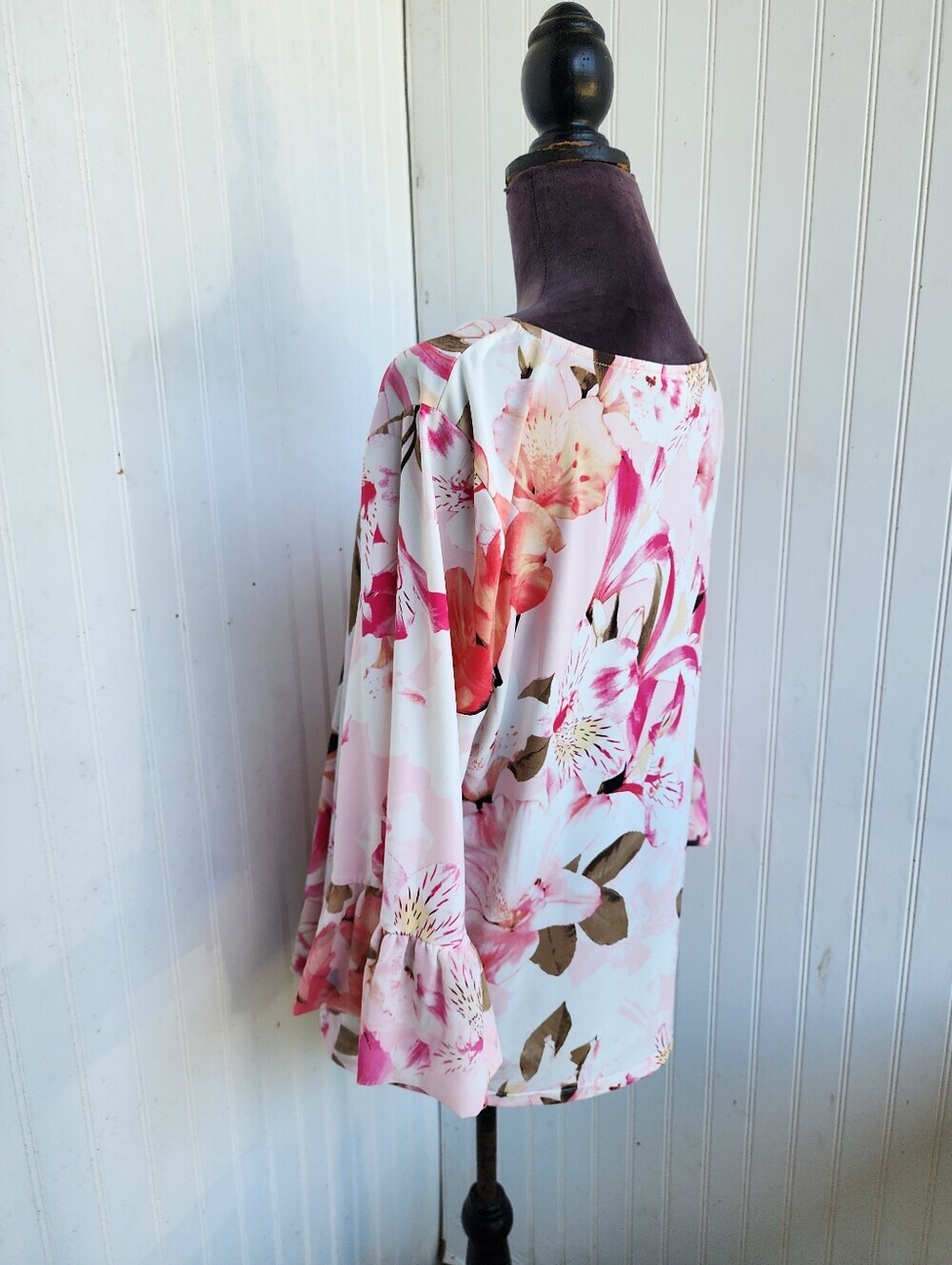 Calvin Klein White Pink Floral Rose Bell Flare Sleeve Women's Blouse Stretch XL - Picture 7 of 12